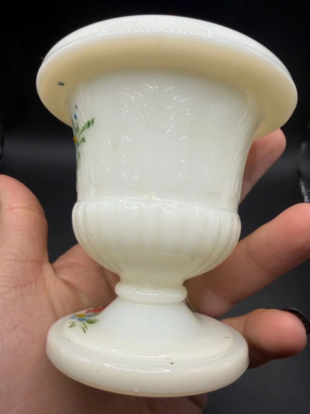 Vintage Hand Painted Floral White Milk Glass Urn Vase Vessel Cottagecore Decor - Picture 10 of 10